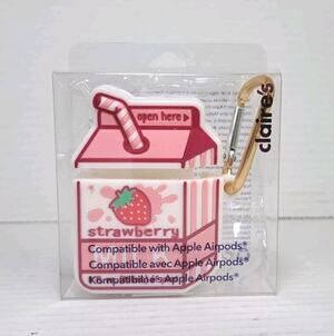 AirPods Silicone Case Claire’s Pink Strawberry Milk w/ Keyring Clip Cute NEW NIB